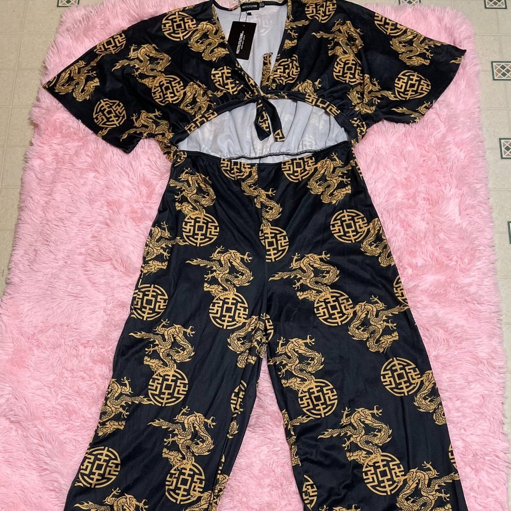 Black Dragon Print Tie Front Jumpsuit